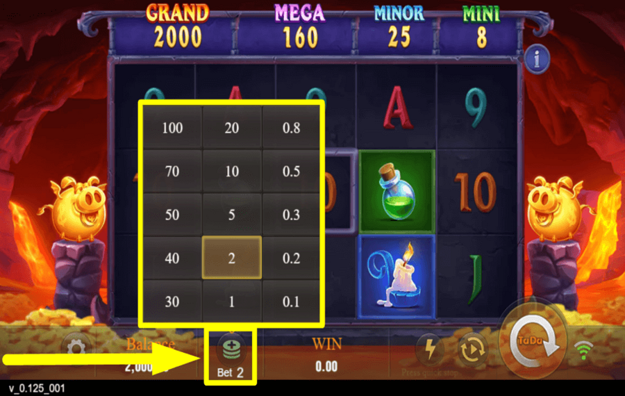 Devil Fire 2 controles da interface do jogo mostrando botões de aposta e giro